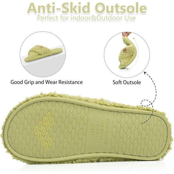 ⚡Women’s Grass Green Faux Fur Cozy Fuzzy Cross Band Slippers House Shoes - Picture 5 of 6